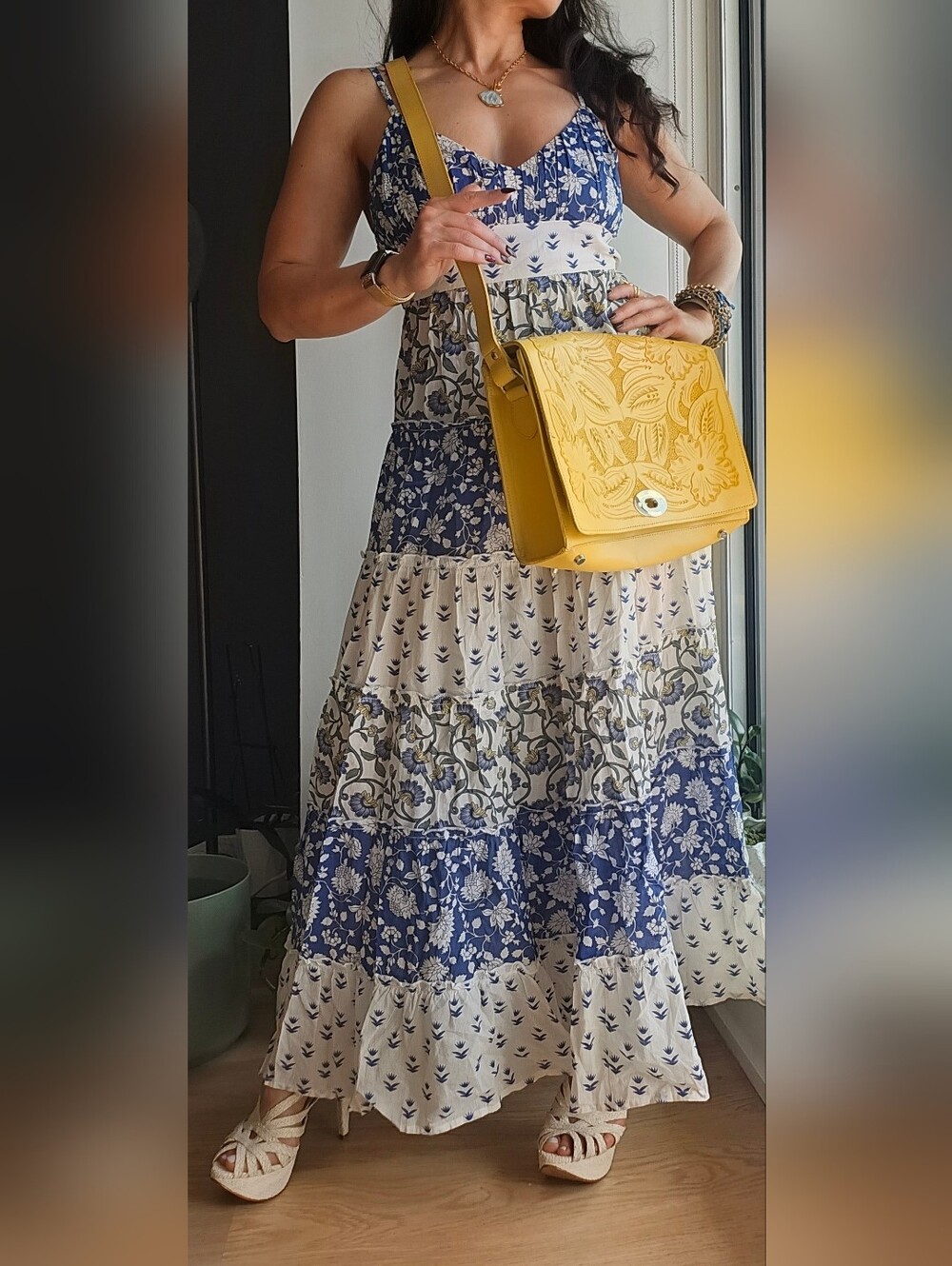 Yellow Floral Embossed Leather Messenger Shoulder Bag